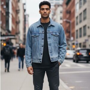 Levis Mens Denim Trucker Jacket Light Wash Blue Red Tab L Rugged Streetwear  USA